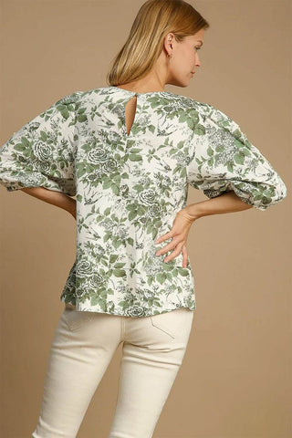 Umgee Floral Pleated Detail Lace Trim Sleeve Blouse - Just Believe Boutique
