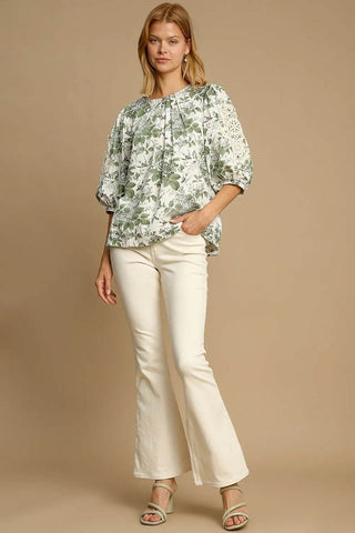 Umgee Floral Pleated Detail Lace Trim Sleeve Blouse - Just Believe Boutique