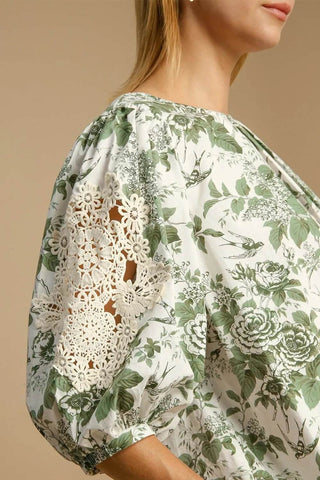 Umgee Floral Pleated Detail Lace Trim Sleeve Blouse - Just Believe Boutique