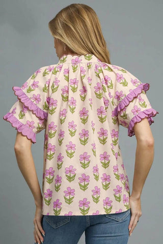 Umgee Floral Print Ruffle Short Sleeve Blouse - Just Believe Boutique