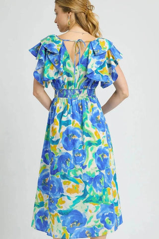 Umgee Floral Ruffled Cap Sleeve Midi Dress - Just Believe Boutique