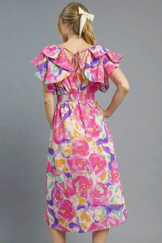 Umgee Floral Ruffled Cap Sleeve Midi Dress - Just Believe Boutique