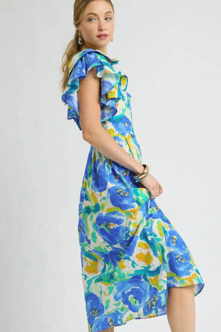 Umgee Floral Ruffled Cap Sleeve Midi Dress - Just Believe Boutique