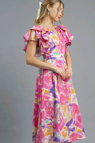 Umgee Floral Ruffled Cap Sleeve Midi Dress - Just Believe Boutique