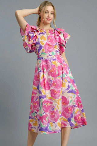 Umgee Floral Ruffled Cap Sleeve Midi Dress - Just Believe Boutique