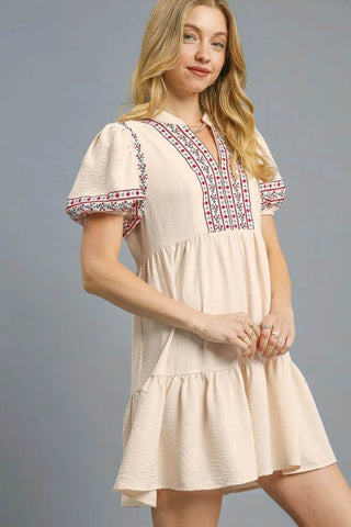 Umgee Floral Trim Puff Sleeve Mini Dress - Just Believe Boutique