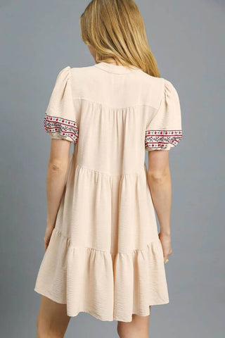 Umgee Floral Trim Puff Sleeve Mini Dress - Just Believe Boutique