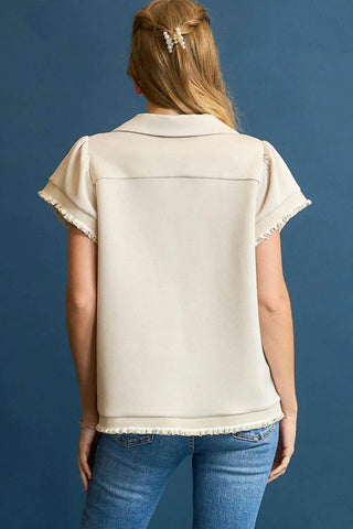 Umgee Frill Hem Half-Zip Collared Blouse - Just Believe Boutique