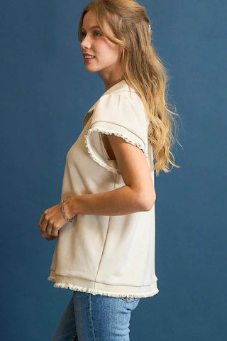 Umgee Frill Hem Half-Zip Collared Blouse - Just Believe Boutique