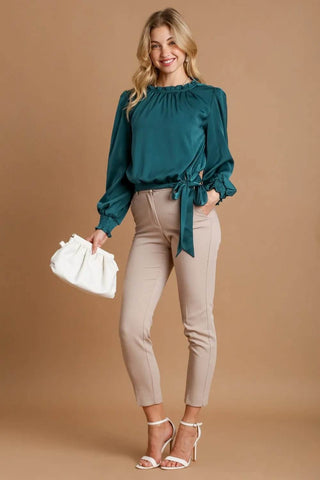 Umgee Frill Tied Hem Long Sleeve Blouse - Just Believe Boutique
