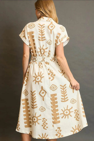 Umgee Full Size Abstract Print Elastic Waist Midi Dress Plus Size - Just Believe Boutique
