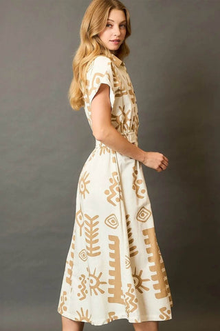 Umgee Full Size Abstract Print Elastic Waist Midi Dress Plus Size - Just Believe Boutique