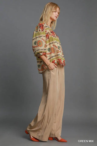 Umgee Full Size Border Print Notched 3/4 Puff Sleeve Blouse Plus Size - Just Believe Boutique