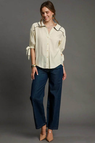 Umgee Full Size Embroidered Detail Button Down Shirt Plus Size - Just Believe Boutique