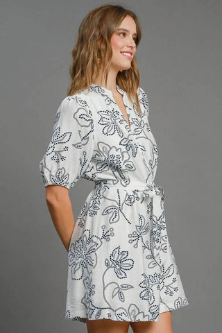 Umgee Full Size Floral Print Notched Puff Sleeve Mini Dress Plus Size - Just Believe Boutique