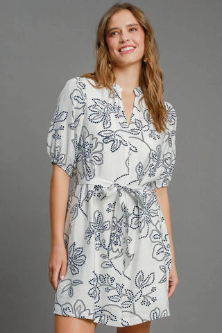 Umgee Full Size Floral Print Notched Puff Sleeve Mini Dress Plus Size - Just Believe Boutique