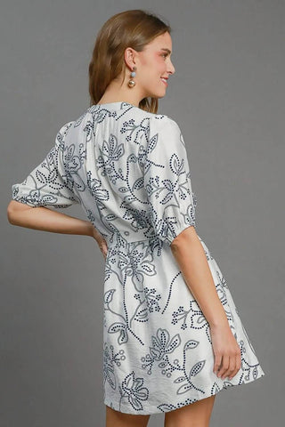 Umgee Full Size Floral Print Notched Puff Sleeve Mini Dress Plus Size - Just Believe Boutique