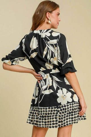 Umgee Full Size Floral Print Notched Tie Waist Mini Dress Plus Size - Just Believe Boutique