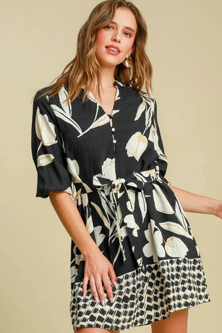 Umgee Full Size Floral Print Notched Tie Waist Mini Dress Plus Size - Just Believe Boutique