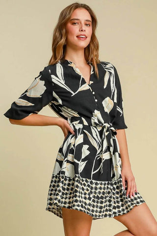 Umgee Full Size Floral Print Notched Tie Waist Mini Dress Plus Size - Just Believe Boutique