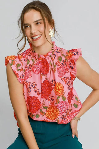 Umgee Full Size Floral Print Ruffled Cap Sleeve Blouse Plus Size - Just Believe Boutique