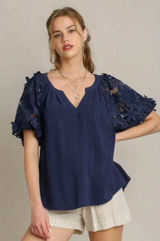 Umgee Full Size French Terry Boxy Cut Top with 3D Floral Sleeve Plus Size - Just Believe Boutique