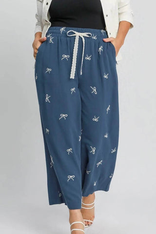 Umgee Full Size Lace Drawstring Embroidered Bow Wide Leg Pants Plus Size - Just Believe Boutique