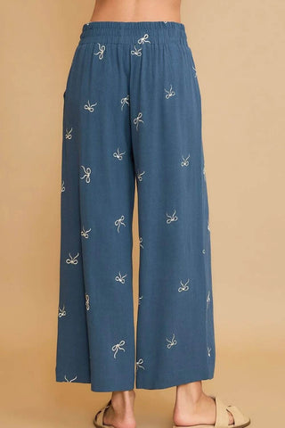Umgee Full Size Lace Drawstring Embroidered Bow Wide Leg Pants Plus Size - Just Believe Boutique