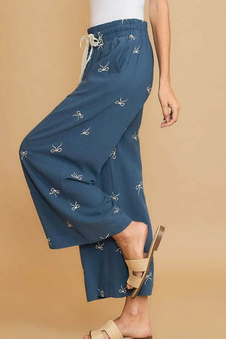 Umgee Full Size Lace Drawstring Embroidered Bow Wide Leg Pants Plus Size - Just Believe Boutique