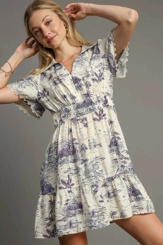 Umgee Full Size Landscape Print Collared Mini Dress Plus Size - Just Believe Boutique