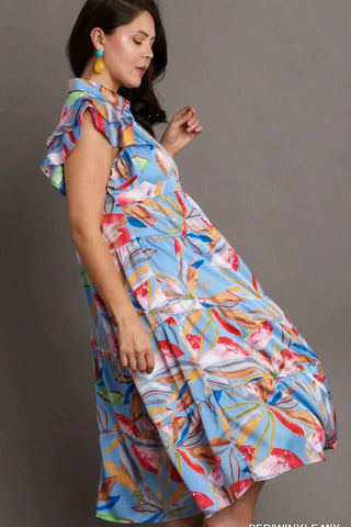 Umgee Full Size Leaf Print Double Layered Ruffle Sleeve Tiered Midi Dress Plus Size - Just Believe Boutique