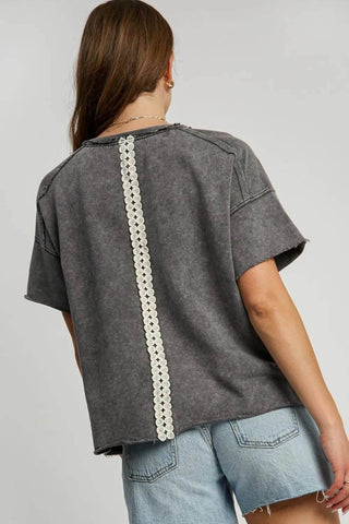 Umgee Full Size Mineral Wash T-Shirt with Lace Applique Plus Size - Just Believe Boutique