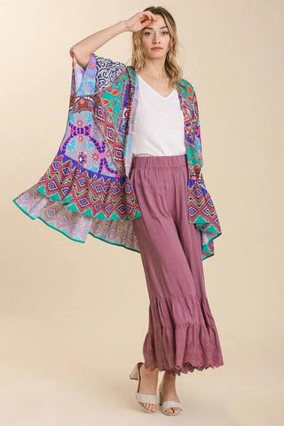 Umgee Full Size Mixed Print Ruffle Hem Open Front Cover Up Plus Size - Just Believe Boutique