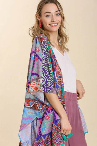 Umgee Full Size Mixed Print Ruffle Hem Open Front Cover Up Plus Size - Just Believe Boutique