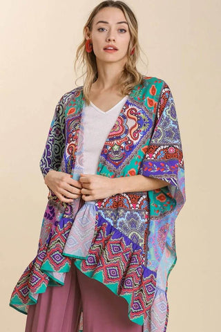 Umgee Full Size Mixed Print Ruffle Hem Open Front Cover Up Plus Size - Just Believe Boutique