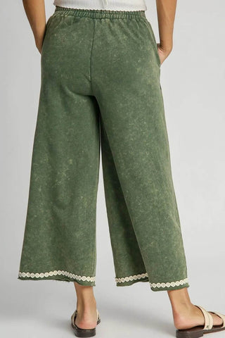 Umgee Full Size Peace Lace Applique Mineral Wash Wide Leg Pants Plus Size - Just Believe Boutique