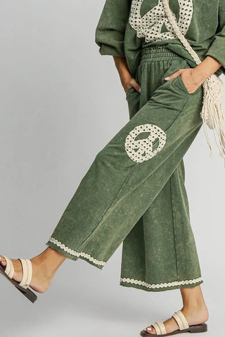 Umgee Full Size Peace Lace Applique Mineral Wash Wide Leg Pants Plus Size - Just Believe Boutique