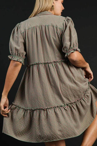 Umgee Full Size Plaid Frill Button Detail Ruffled Short Sleeve Dress Plus Size - Just Believe Boutique