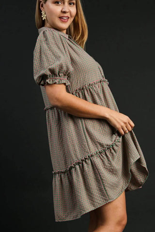 Umgee Full Size Plaid Frill Button Detail Ruffled Short Sleeve Dress Plus Size - Just Believe Boutique