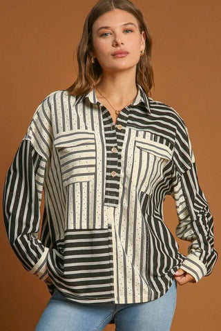 Umgee Full Size Pointelle Stripped Half Button Collared Neck Top Plus Size - Just Believe Boutique