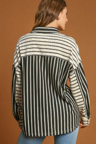 Umgee Full Size Pointelle Stripped Half Button Collared Neck Top Plus Size - Just Believe Boutique