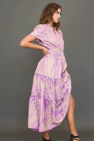 Umgee Full Size Printed Notched Short Sleeve Tiered Dress Plus Size - Just Believe Boutique