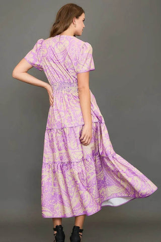 Umgee Full Size Printed Notched Short Sleeve Tiered Dress Plus Size - Just Believe Boutique