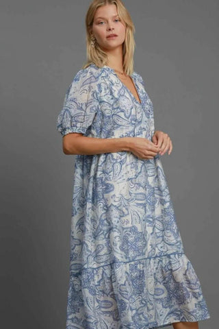 Umgee Full Size Printed Puff Short Sleeve Midi Dress Plus Size - Just Believe Boutique