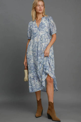 Umgee Full Size Printed Puff Short Sleeve Midi Dress Plus Size - Just Believe Boutique