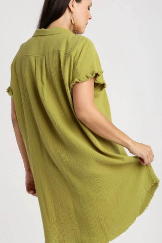 Umgee Full Size Raw Hem Button Down Short Sleeve Gauze Shirt Dress Plus Size - Just Believe Boutique