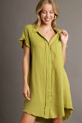 Umgee Full Size Raw Hem Button Down Short Sleeve Gauze Shirt Dress Plus Size - Just Believe Boutique