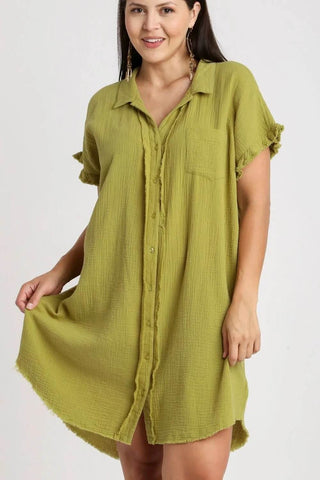 Umgee Full Size Raw Hem Button Down Short Sleeve Gauze Shirt Dress Plus Size - Just Believe Boutique