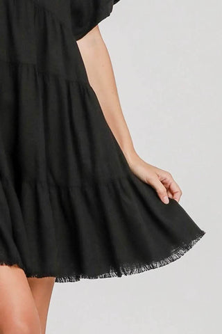 Umgee Full Size Raw Hem Folded Sleeve Tiered Dress Plus Size - Just Believe Boutique