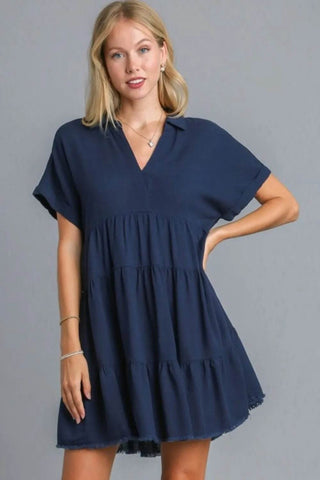 Umgee Full Size Raw Hem Folded Sleeve Tiered Dress Plus Size - Just Believe Boutique